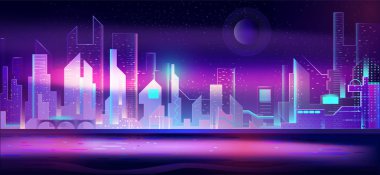 Neon ışıklı gece şehri. Fütüristik şehir manzarası