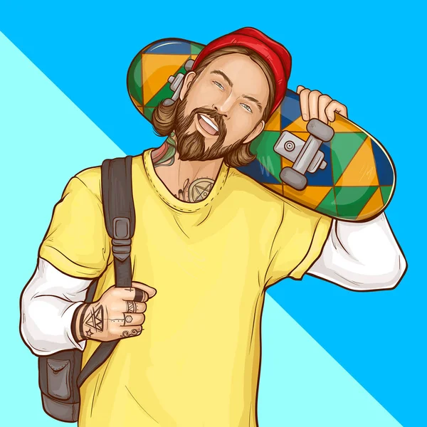 Chico patinador, hipster sosteniendo el monopatín, arte pop — Vector de stock