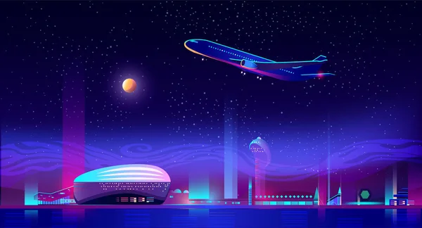 Décollage d'un avion de piste à Neon Night City — Image vectorielle