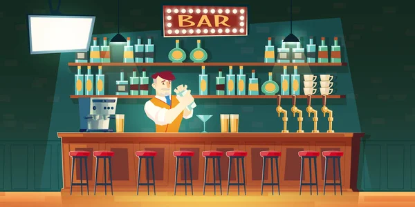 Barman au bar mélange cocktail dans shaker sur le comptoir — Image vectorielle