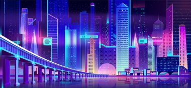 Neon ışıkları ve su bölümü köprüsü ile gece şehir
