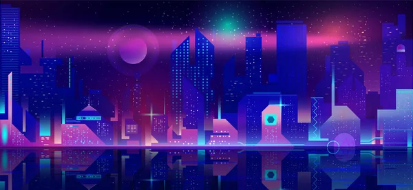 Città di notte in luci al neon. Paesaggio urbano futuristico — Vettoriale Stock