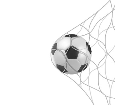Soccer football ball in goal net isolated on white clipart