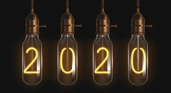 2020 números brillantes dentro de las bombillas de filamento — Vector de stock