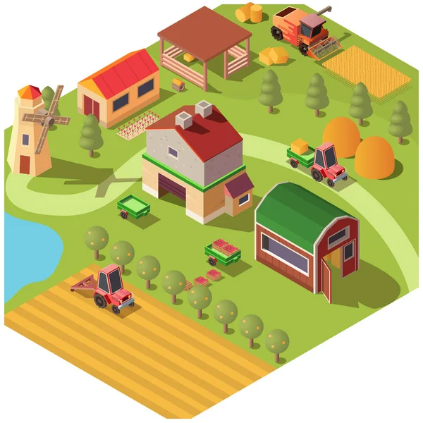 Isometric farm or ranch yard with outbuildings — Stock Vector