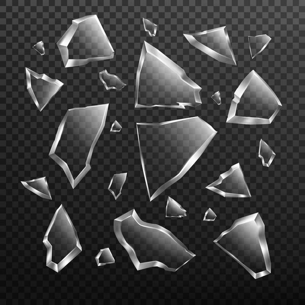 Broken glass shards set, crashed window fragments