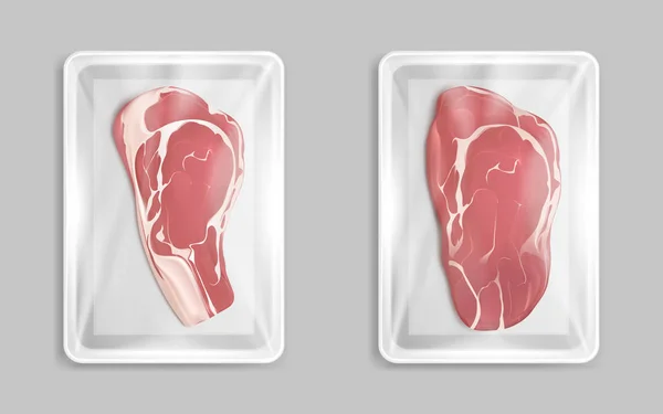 Bistecca di manzo di marmo di carne fresca in confezione di plastica , — Vettoriale Stock