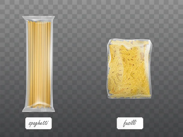 Pâtes en paquet limpide ensemble macaroni sec spaghetti — Image vectorielle
