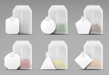 Çay torbaları gri arka planda izole set, teabags