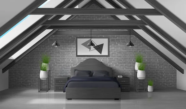 Camera da letto attico interno vuoto casa moderna mansarda — Vettoriale Stock
