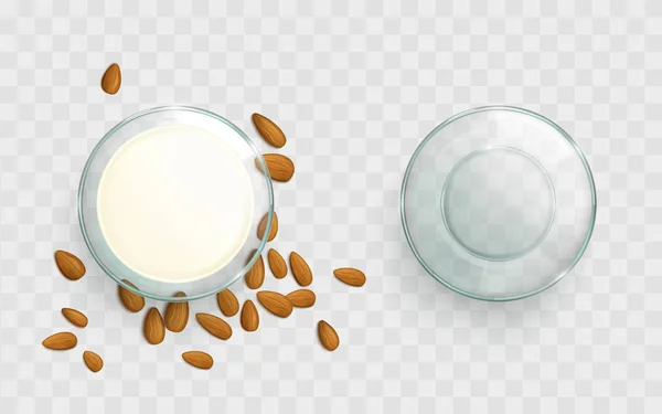 Mangkuk kaca dengan vektor realistis susu almond - Stok Vektor