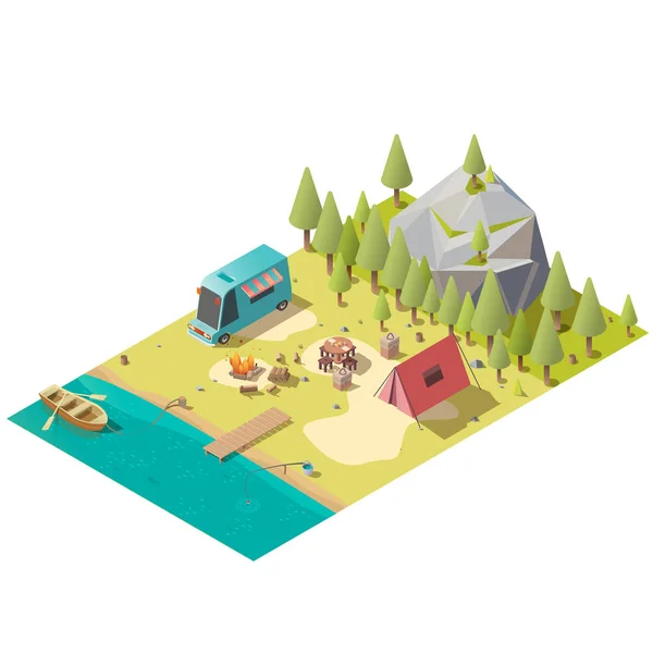 Camping on mountain lake shore isometric vector - Stok Vektor