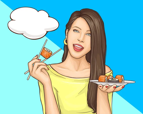 寿司を食べる女性はポップアートベクトルをロール — ストックベクタ