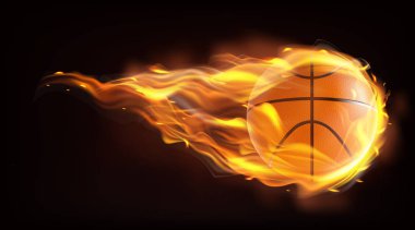 Basketball ball flying in flames realistic vector clipart
