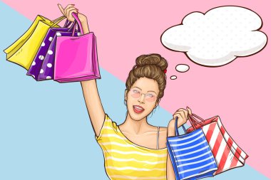 Alışveriş karikatür vektör kavramı mutlu kadın