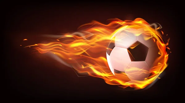 Voetbal bal vliegen in vlammen realistische vector — Stockvector