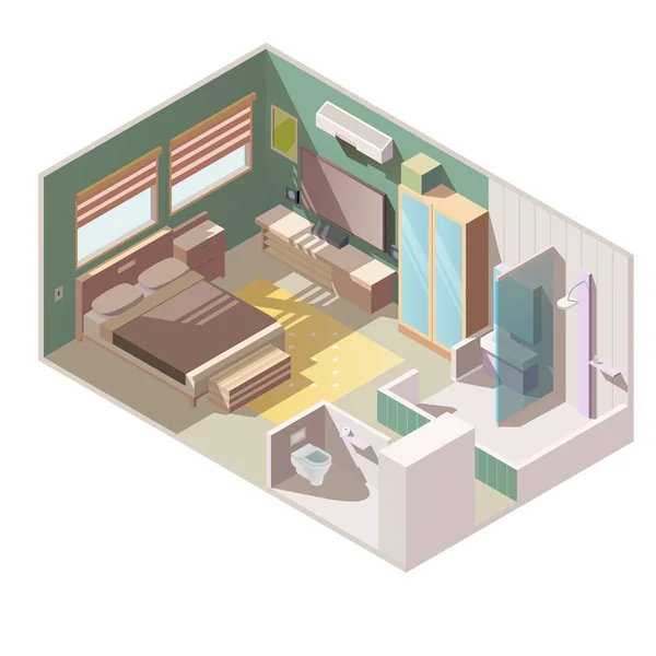 Single room apartment interior isometric vector — Stock Vector