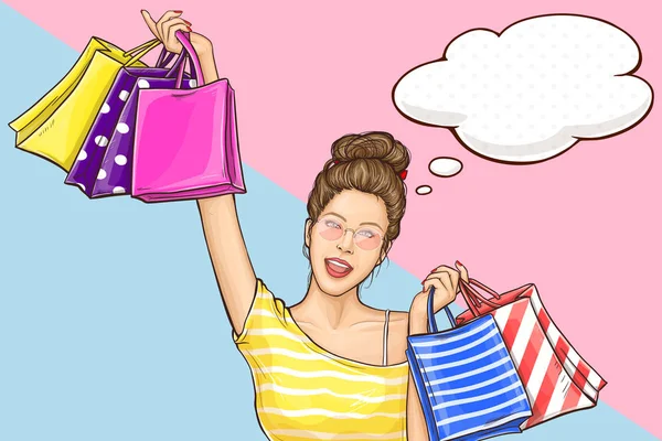 Mulher feliz em compras conceito vetor cartoon — Vetor de Stock