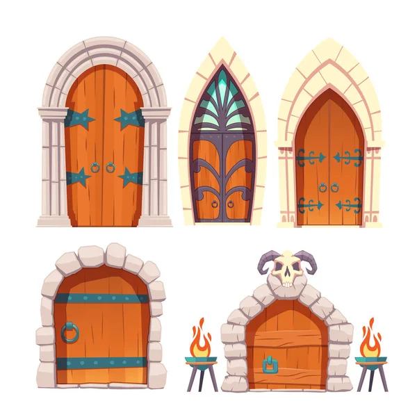 Castelo medieval, conjunto vetor cartoon porta calabouço —  Vetores de Stock