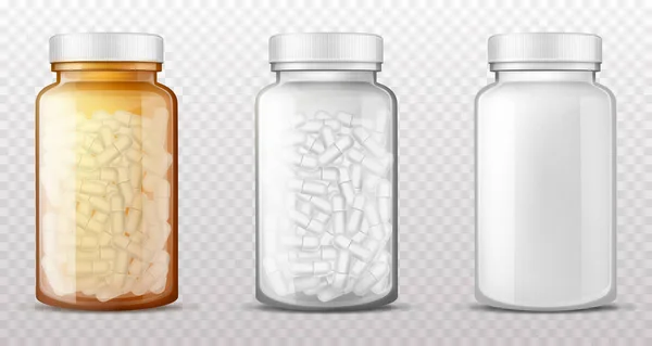 Plástico, botellas de vidrio para las píldoras vector realista — Vector de stock