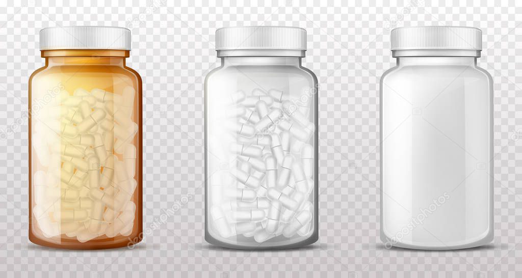 Plastic, glass bottles for pills realistic vector