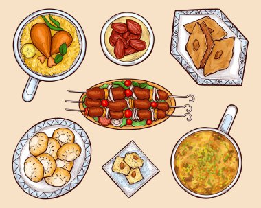 Oryantal mutfağı yemekleri karikatür vektör seti