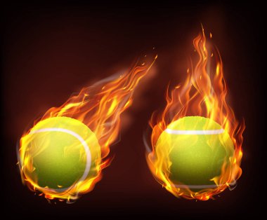 Tennis balls flying in flames realistic vector clipart