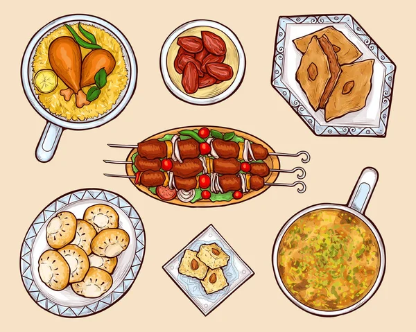 Cozinha oriental pratos cartoon vetor conjunto — Vetor de Stock