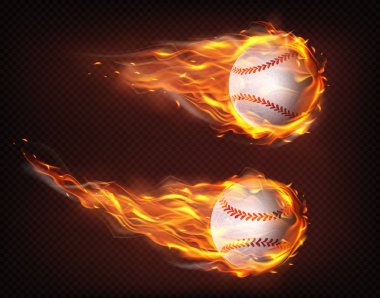 Flying in flames baseball balls realistic vector clipart