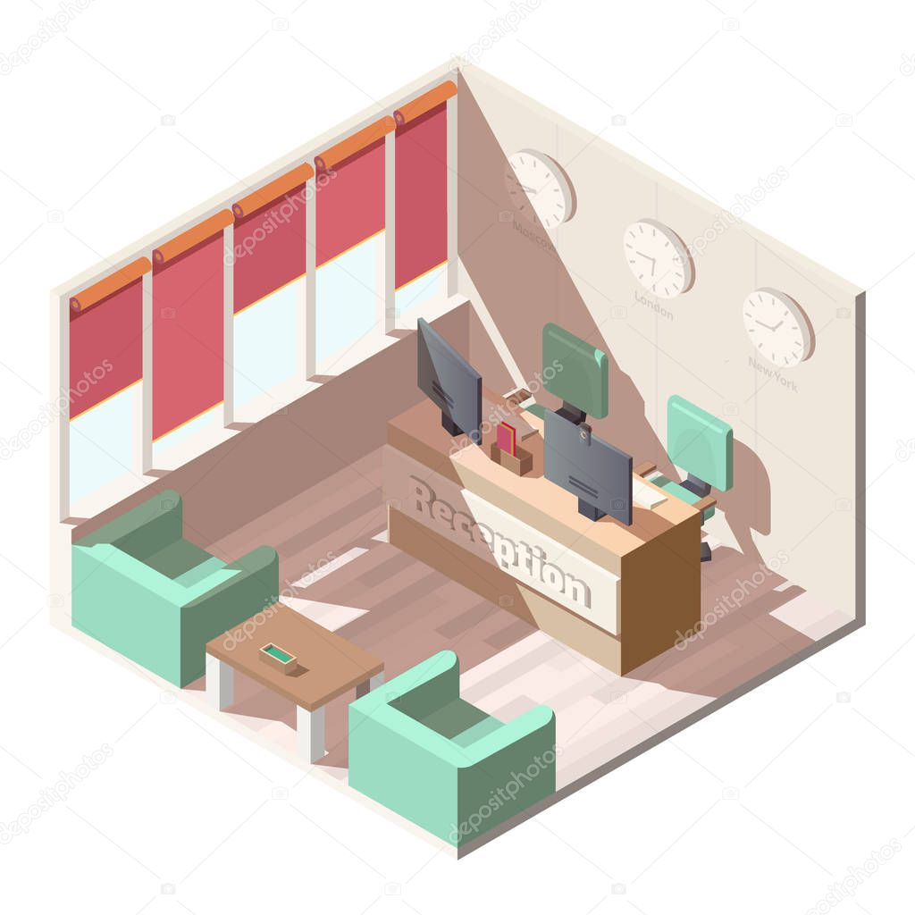 Hotel reception hall interior isometric vector