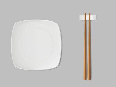 Kare suşi plaka ve chopsticks gerçekçi vektör