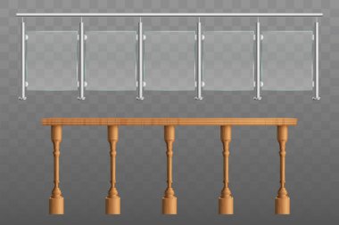 Ahşap, metal, cam korkuluklar 3d gerçekçi vektör