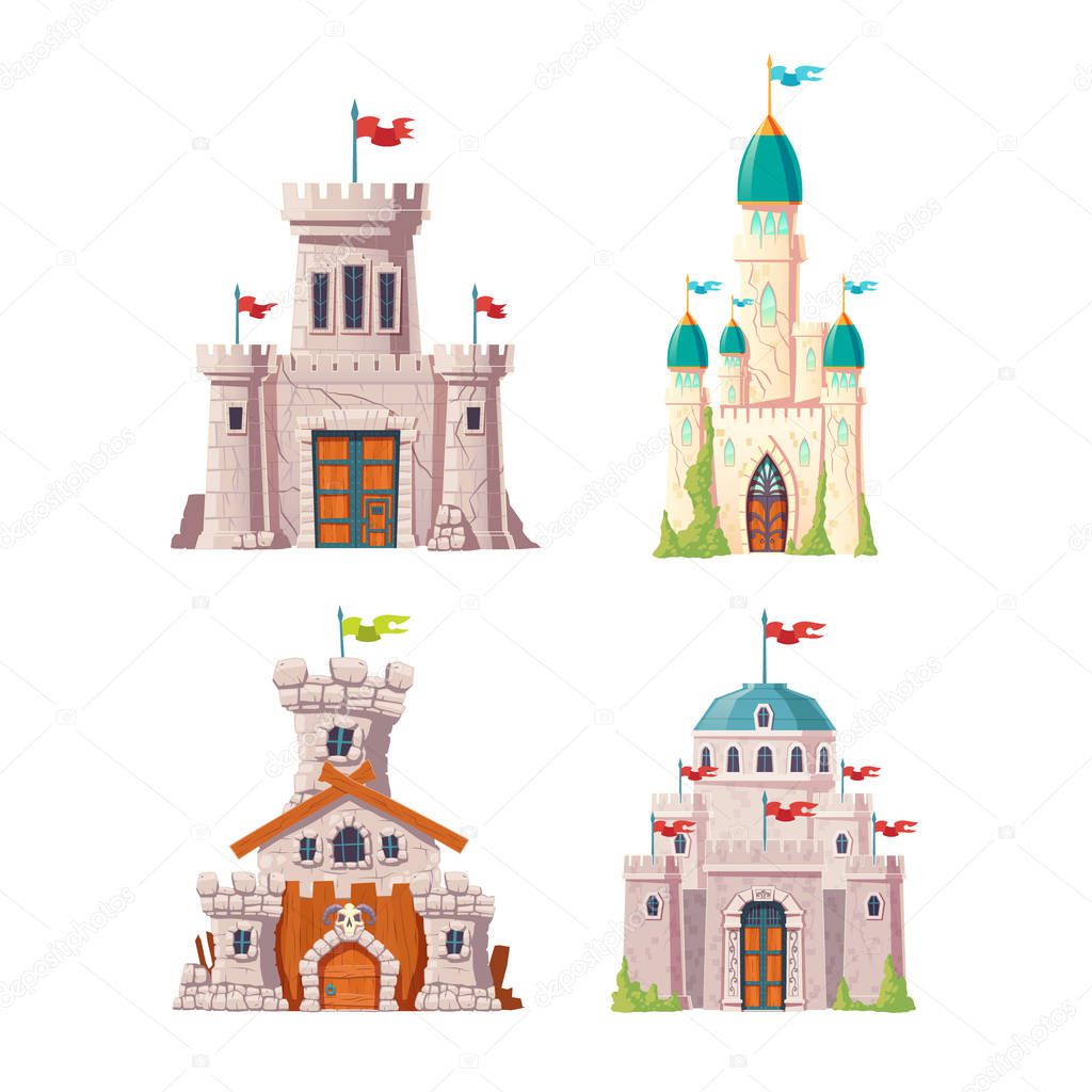 Abandoned fairytale castles cartoon vector set