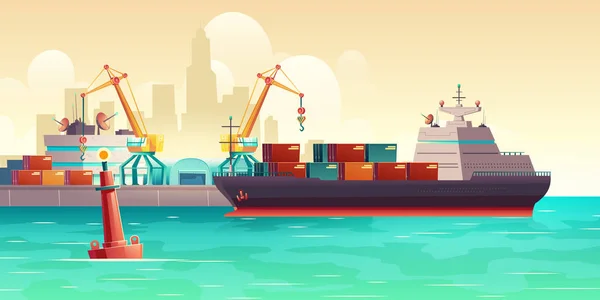 Вектор завантаження вантажного корабля в портовому мультфільмі — стоковий вектор