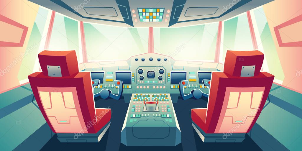 Modern business jet cockpit cartoon vector