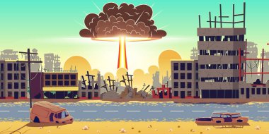 Nuclear bomb explosion in ruined city vector clipart