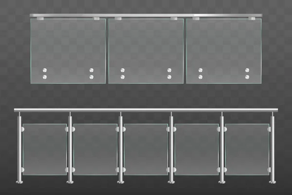 Balaustrada de vidro com corrimãos de metal conjunto isolado — Vetor de Stock