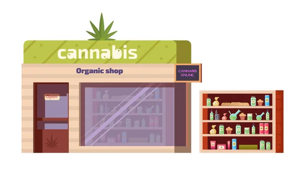Esrar mağazası, organik dükkanda marihuana ürünleri — Stok Vektör
