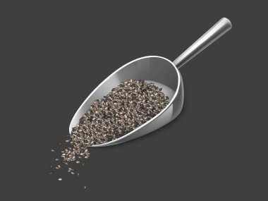 Chia tohumları metal kepçesinden dökülür. Süper yemek.