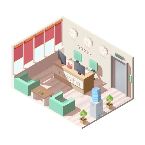 Isometric Otel Resepsiyon Salonu İçi, Ofis — Stok Vektör