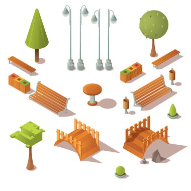 Isometric park seti. Banklar, ağaçlar, ahşap köprüler