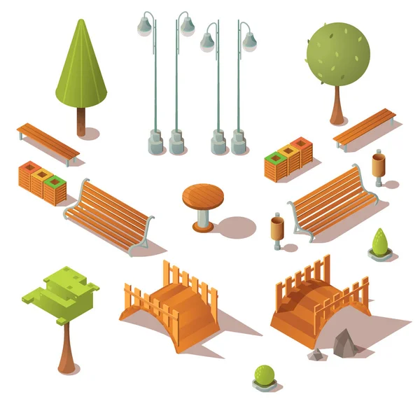 Conjunto de parque isométrico. Bancos, árboles, puentes de madera — Archivo Imágenes Vectoriales