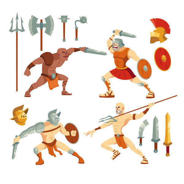 Gladiators, ancient roman armored spartan warriors