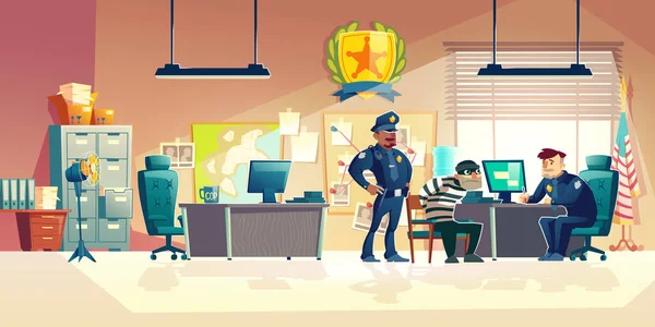 Interrogatório criminal no vetor de desenhos animados da polícia — Vetor de Stock