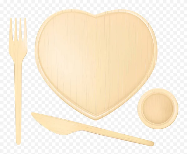 Herzteller aus Holz mit Gabel, Messer und Glas — Stockvektor