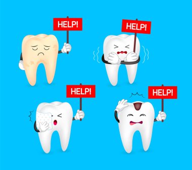 Sağlıksız diş yardım işareti tutarak. İnsan vücudu bölümü bakım veya hastalık veya sağlık üzerinde olumsuz etkisi nedeniyle tıbbi tedavi gerektirir. Diş Bakımı kavramı. İllüstrasyon izole mavi arka plan üzerinde.
