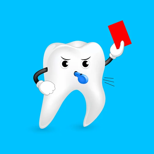 Милый Мультяшный Зубной Судья Дает Красную Карточку Концепция Стоматологической Помощи — стоковый вектор