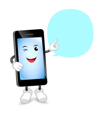 Çizgi film akıllı telefon karakteri konuşma balonu ile kesti. İletişim kavramı. İllüstrasyon izole beyaz arka plan üzerinde.