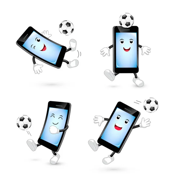 Σύνολο Των Κινουμένων Σχεδίων Χαριτωμένο Smartphone Παίζει Ποδόσφαιρο Μασκότ Χαρακτήρα — Διανυσματικό Αρχείο