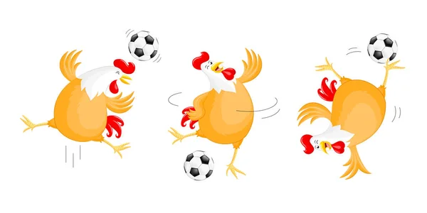 Набор Счастливой Курицы Играет Футбол Характер Талисмана Спортивная Концепция Иллюстрация — стоковый вектор